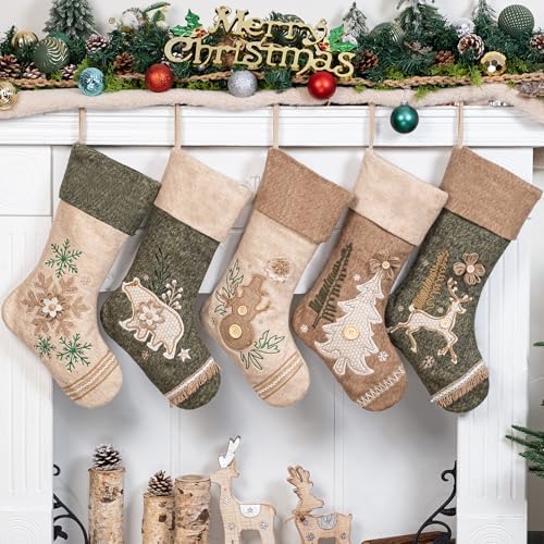 LUBOT 5 Pack Christmas Stockings Set of 5 Large Family Xmas Stocking Woolen Embroidered 20" Modern Rustic Farmhouse Country Rope Fireplace Hanging Holiday Decor by LUBOT