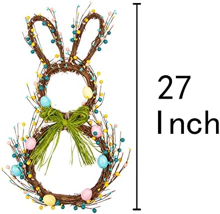 27 Inch Artificial Easter Wreath for Front Door Rabbit Wreath with Pastel Eggs and Mixed Twigs Spring Bunny with Raffia Bow for Easter Decorations - Image 2