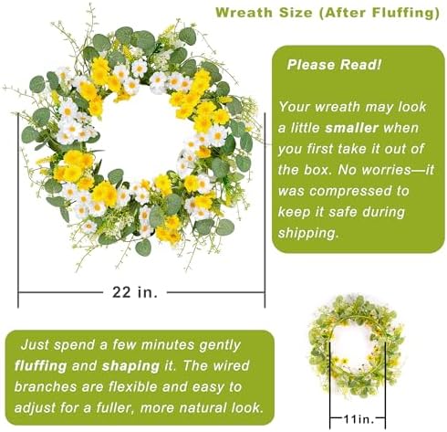 Summer Wreath for Front Door, 22 in Yellow White Daisy - Image 4