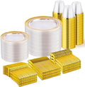 WELLIFE 600 PCS Clear Gold Disposable Dinnerware Set for 100 Guests by WELLIFE