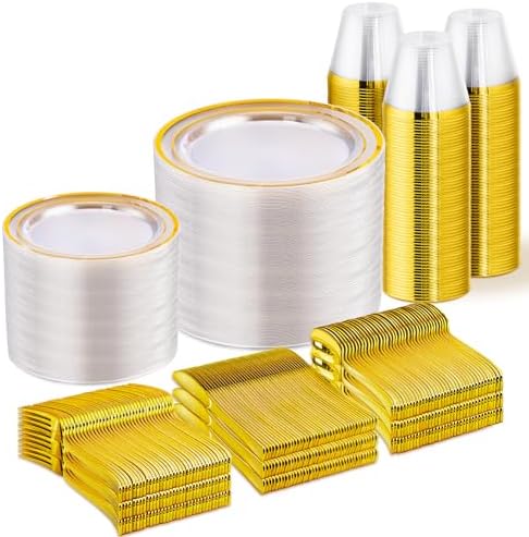 WELLIFE 600 PCS Clear Gold Disposable Dinnerware Set for 100 Guests by WELLIFE