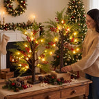 Baquler 2 Pcs Christmas Lighted Birch Trees 24 in, LED Pine Red Berry Decor - Image 4