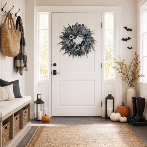 24 Inch Black and Silver Rose Halloween Wreath with 3 Skeleton Hands - Image 3