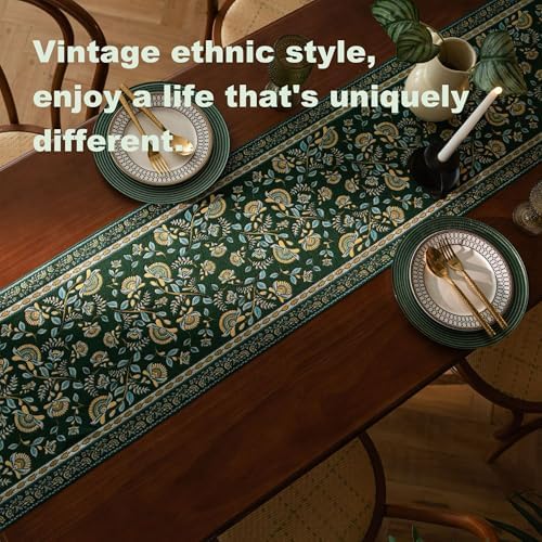 Spring Floral Table Runner 106in Long - Nordic Vine Green Embroidery Jacquard with Tassels, Elegant Easter & Mother's Day Decor for Farmhouse Dining Table, Wedding & Dresser (Vine Green, 13.7"x106") - Image 3