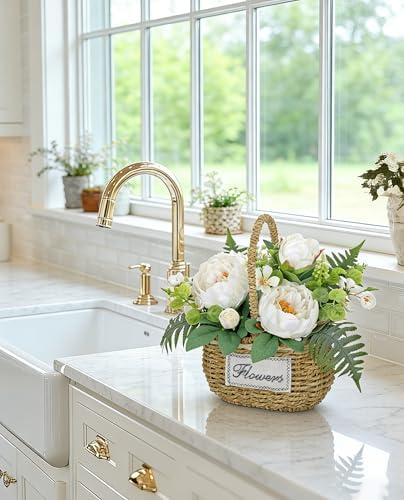 Peonies Artificial Flowers, Spring/Summer Flower Centerpieces for Tables Silk Flower Arrangements with Woven Basket Fake Peonies with Fern Leaves White Flower Arrangement for Kitchen Dinner Table - Image 6