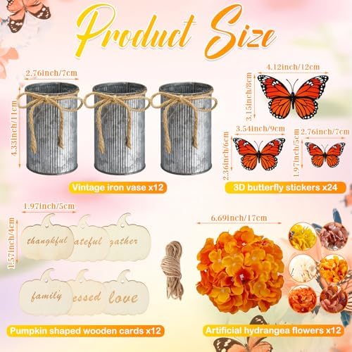 Mimorou 12 Set Fall Thanksgiving Table Centerpiece with Vintage Metal Vases Faux Fall Table Artificial Floral Centerpiece with 3D Butterfly for Autumn Harvest Farmhouse Home Decor (Retro Colors) - Image 2