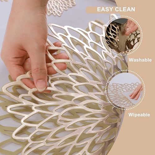 Snowkingdom Pack of 18 Gold Placemats Metallic Round Leaf Bulk Pressed Vinyl Dinning Kitchen Table Charger Mats Decorations for Mothers Day Wedding Party Birthday Event Holiday Christmas Thanksgiving - Image 6