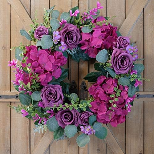 Artificial Purple Rose Wreaths 20 inches Front Door Wreath with Hydrangea Green Leaves Artificial Spring Wreaths Valentines Mother's Day Wreath for Wall Wedding Party Home Decor (Purple) - Image 4