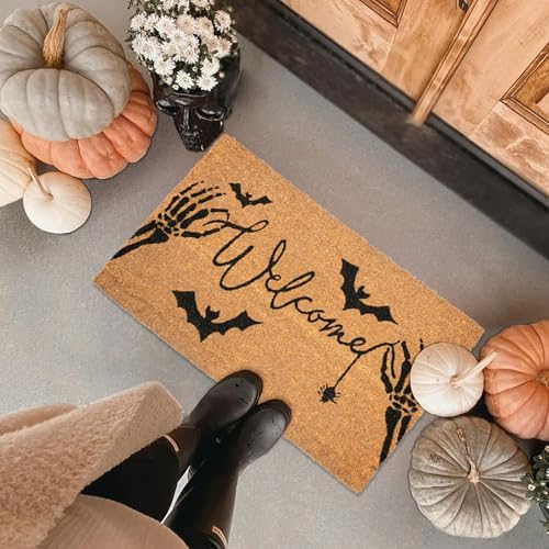 Halloween Welcome Coir Doormat 17"x30", Outdoor Front Door Mat with Bats Skeleton Hands and Spider Design, PVC Non Slip Backing, Fall Halloween Welcome Mat for Front Porch Entryway Decor - Image 6