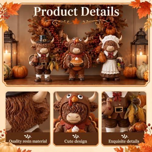 Simgoing 3 Pcs Fall Highland Cow Figurines Pilgrim and Turkey Cow Decor - Image 3