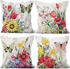4 Pcs/Set Floral Pillow Covers Pink Yellow Flowers Green Leaves Butterflies Plants Geometric Vintage Throw Pillow Covers for Outdoor Home Couch Sofa Bedroom Farmhouse, 26"x26" by VieSavaran