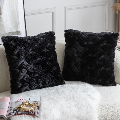 Yaertun Set of 2 Decorative Throw Pillow Covers Thick Plush Wool Throw Pillows Super Soft Luxury Faux Rabbit Fur Velvet Cushion Covers for Couch Sofa Bed Living Room 24x24 Inch Black - Image 2