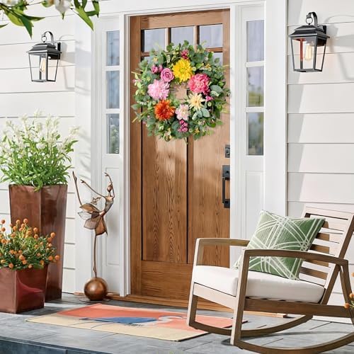 Waipfaru 2Pcs Summer Wreaths Easter Wreath, Spring Wreaths for Front Door Outside, Large Front Door Wreath with Peony Dahlia Rose Flower Green Eucalyptus Leaves Farmhouse Outdoor Porch Decor - Image 5