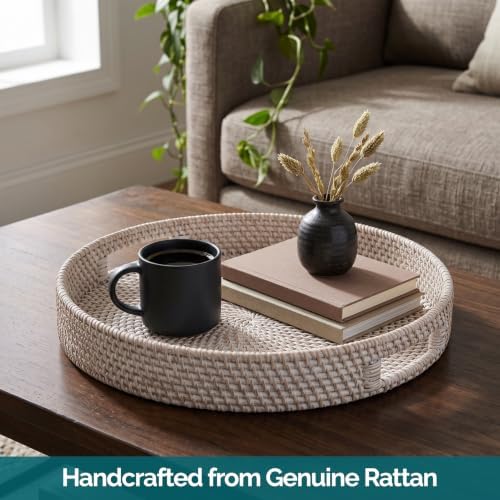 Jungle Culture Round Rattan Tray 14" • Whitewash Wicker Woven Basket Decor - Image 5