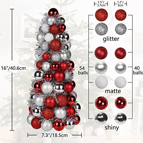16" Tabletop Christmas Tree, Small Christmas Tree Decorations with 94 Shatterproof Ornaments Balls Miniature Cone Xmas Tree for Holiday Party Wedding -Red Sliver - Image 6