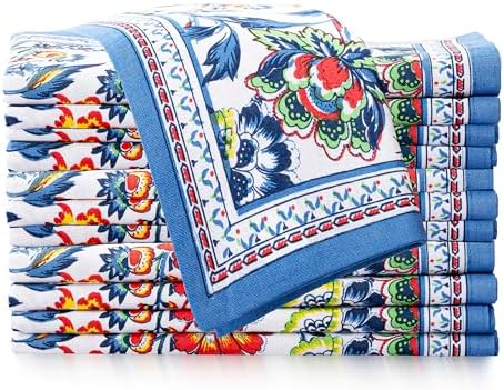 FINGERCRAFT Cloth Napkins Set of 12 Cotton Linen, 20x20 Inch, Blue Floral by FINGERCRAFT