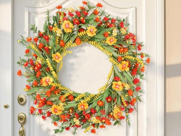 26" Spring Wreaths for Front Door Artificial Floral Wreath with Wildflowers Portulaca CHEAWRTZ Easter Summer Decorations for Indoor Outdoor Window Wall Farmhouse Home Front Porch Decor Red and Yellow by CHEAWRTZ