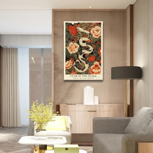 Chinese Lunar Year Of The Snake Art Print – Mysterious & Sophisticated Zodiac Wall Decor with Peony Floral Pattern for Home Office and Apartment 16X24 in Wrapped Framed - Image 7