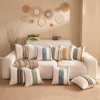 Boho Chenille Tufted Couch Throw Pillow Covers 18x18 Inch Set of 2 Farmhouse Striped Decorative Pillow Covers Accent Neutral Pillowcase Teal Cushion Cover for Living Room Sofa Bed - Image 3