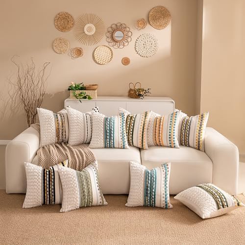 Boho Chenille Tufted Couch Throw Pillow Covers 18x18 Inch Set of 2 Farmhouse Striped Decorative Pillow Covers Accent Neutral Pillowcase Teal Cushion Cover for Living Room Sofa Bed - Image 3