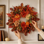 Autumn Harvest Wreath for Front Door 26 Inch, Fall Decor with Orange Dahlias Maple Leaves Berries Hydrangeas, Thanksgiving Halloween Wreaths for Front Door Grapevine Twig - Image 6