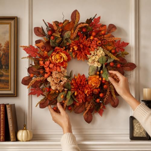 Autumn Harvest Wreath for Front Door 26 Inch, Fall Decor with Orange Dahlias Maple Leaves Berries Hydrangeas, Thanksgiving Halloween Wreaths for Front Door Grapevine Twig - Image 6