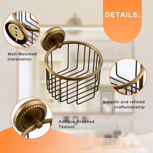Vintage Toilet Paper Holder Wall Mounted Bathroom Roll Tissue Wire Basket, Antique Brass - Image 6