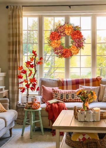 Artificial Fall Wreath, 24" Fake Hydrangea, Orange Burgundy Flowers - Image 4