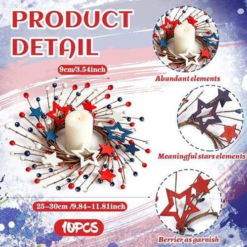10 PCS Small Patriotic Wreath Mini 4th of July Wreaths for Kitchen Cabinets Farmhouse Red White Blue Candle Rings with Star Decor & Ribbon for Independence Day Kitchen Cabinet Window Wall Decor - Image 4