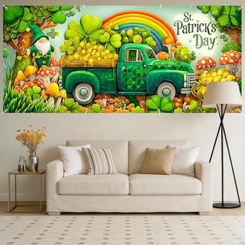 6x13 FT St. Patrick's Day Garage Door Banner -Green Vintage Truck & Gnome with Clover Rainbow Backdrop,Large Indoor Outdoor Garage Door Cover,Holiday Decoration for Home, Yard,Party - Image 6