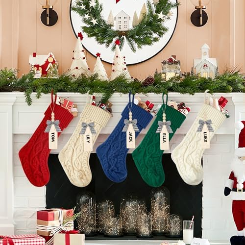 houscly 18 Inches Personalized Christmas Stockings: 6 Pack Red Ivory Knit Christmas Stockings Set with Name Tags Christmas Decor Neutral Xmas Decorations Holiday Farmhouse Indoor Rustic Home Decor - Image 2