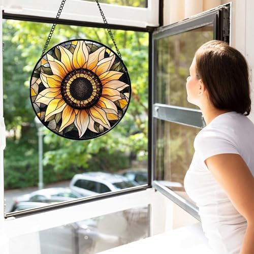 Retro Sunflower Stained Glass Window Hanging Suncatcher Gifts for Mom 15" - Image 2