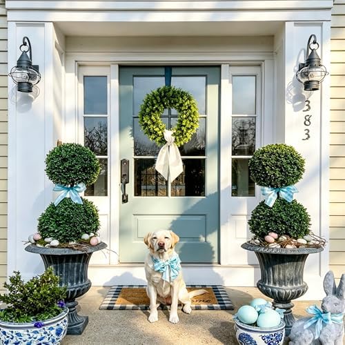 Boxwood Wreaths for Front Door Artificial Green Spring Summer Wreaths Farmhouse Door Hanger,Year Round Door Wreath Wedding and St Patricks Day Decorations Indoor Outside use- with Off White sash-20 - Image 2