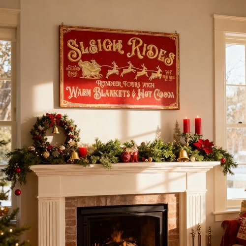 31.5" Red Christmas Metal Wall Sign - Vintage Santa Claus Reindeer & Sleigh Motif Rustic Wall Mount Holiday Decor Distressed Wall Hanging Iron Painting Plaque for Home Mantel Porch by Unknown