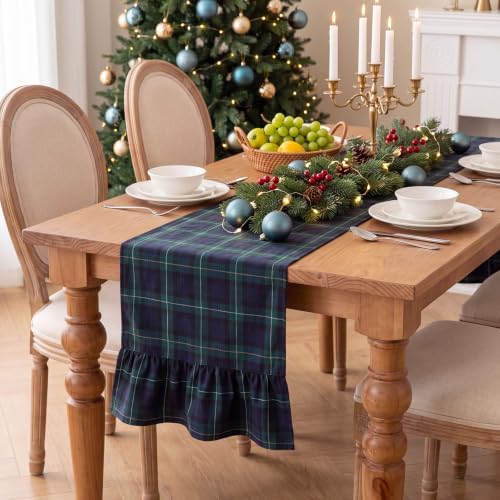 Remagr 3 Pcs Christmas Tartan Plaid Ruffle Table Runner 13"x90", Blue Green by Remagr