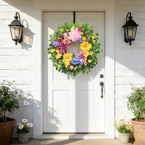 Spring Wreaths for Front Door, 24 Inch Greenery Front Door Wreath with Peonies Dahlias Hydrangeas, Artificial Home Decorations for Indoor Outdoor Window Wall,Outside Floral Wreath Decor for Home Porch - Image 3