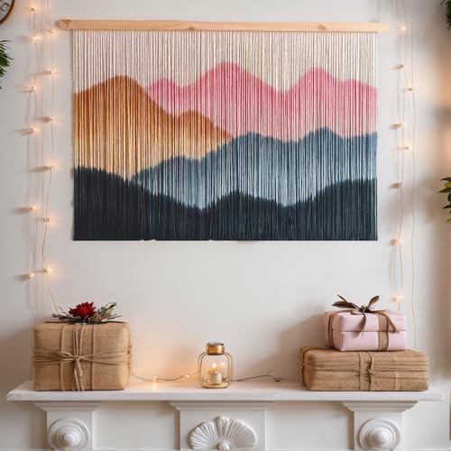 ZYDDNH Macrame Wall Hanging, Dip-Dyed Mountain Tapestry, Modern Fiber Wall Art, 57" W x 37" L (light pink) - Image 2