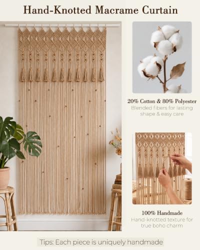 BECHAEO Boho Macrame Beaded Curtain with Tassels, Brown 1 Panel 39" x 79" - Image 4