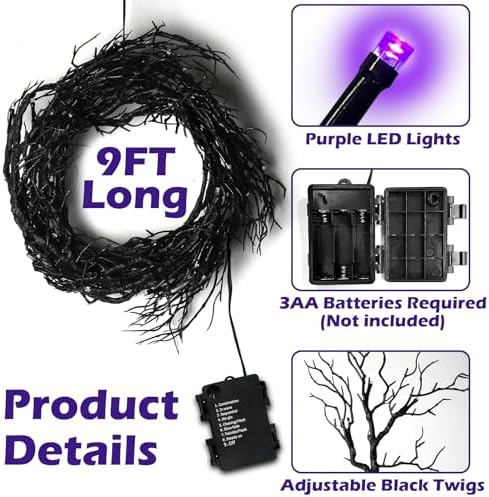 [ 8 Modes & Timer ] 9 Ft 66 LED Halloween Willow Vine Twig Decor Garland Decorations with Purple Lights, Halloween Garland with Battery Operated Waterproof for Home Wall Fireplace Mantle Decorations - Image 3