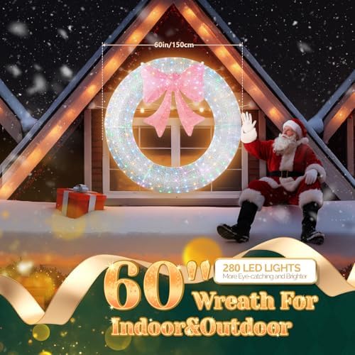 VINGLI 60IN Prelit Outdoor Christmas Wreath Decoration, Large Silver Lighted Metal Front Door Garland with Pink Bow, 280 RGB & Red LED Lights for Gate Wall Porch Indoor Outdoor Holiday Party Decor - Image 2