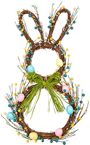 27 Inch Artificial Easter Wreath for Front Door Rabbit Wreath with Pastel Eggs and Mixed Twigs Spring Bunny with Raffia Bow for Easter Decorations by VGIA