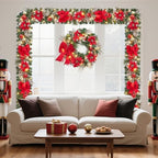 Garvee 6 Feet Christmas Garland with Lights & Red Poinsettias for Mantle - Image 2