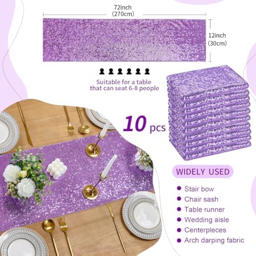 Sequin Table Runners 10 Pieces Light Purple Table Runners 12x72 Inch Glitter Dining Table Cover for Party Wedding Birthday Reception Banquet Decoration Spring Party Chair Sashes - Image 3