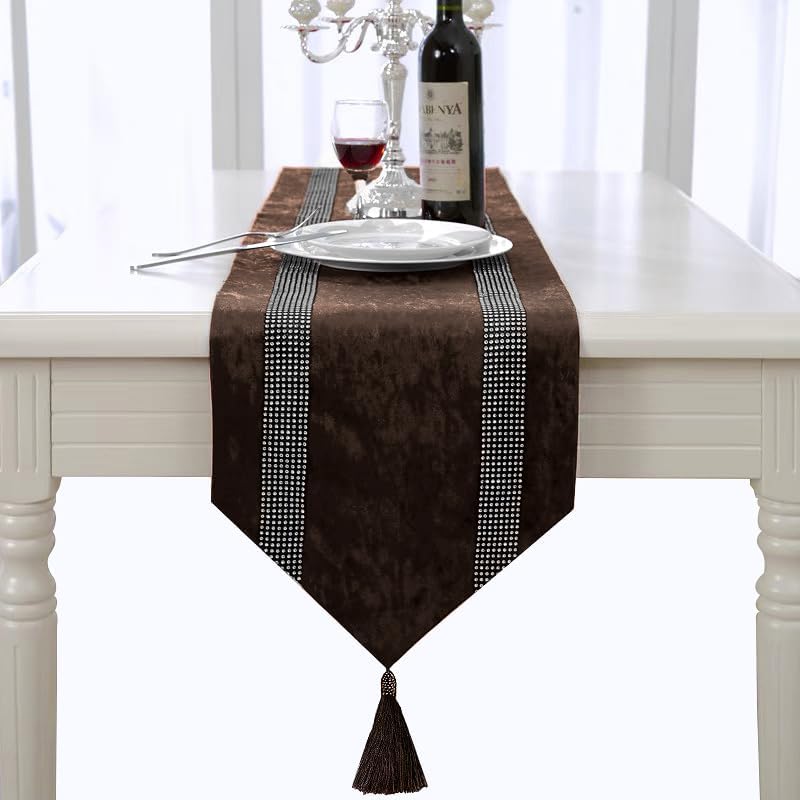 Elegant Rhinestone Brown Table Runner 120 Inches Extra Long, Ombre Velvet - Image 4