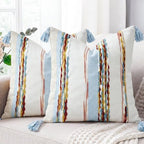 PANOD Chenille Farmhouse Throw Pillow Covers 18 x 18 Blue Brown, Neutral Boucle Couch Pillow Cover, Striped Decorative Boho Coushion Cover Pillow Case for Couch Bed Sofa Bedroom,Modern Accent,Set of 2 - Image 2