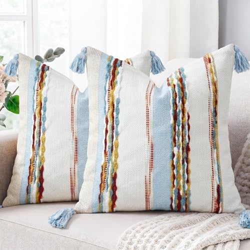 PANOD Chenille Farmhouse Throw Pillow Covers 18 x 18 Blue Brown, Neutral Boucle Couch Pillow Cover, Striped Decorative Boho Coushion Cover Pillow Case for Couch Bed Sofa Bedroom,Modern Accent,Set of 2 - Image 2