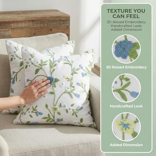 Blue Yellow Green Floral Embroidered Pillow Covers 18x18 Set of 2 - Image 2