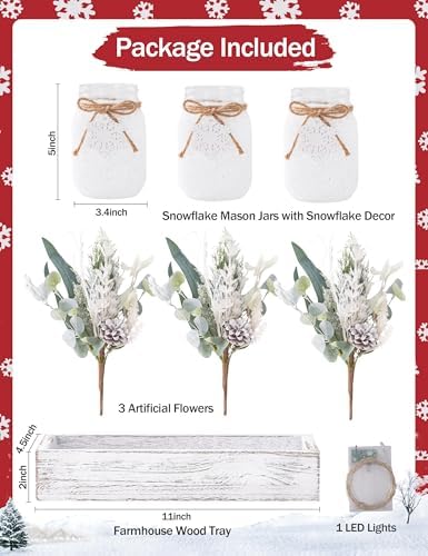 Winter Centerpieces for Tables, Table Decor with Mason Jar, Flowers Picks, Farmhouse Wood Tray, Snowflake Sign, 22 Pcs Christmas Winter White Wonderland Table Decorations Centerpieces for Home - Image 3