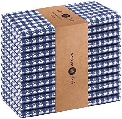 Native Fab Gingham Cloth Napkins 16x16 inches, 100% Cotton Dinner Napkins with Checks, Set of 12, Machine Washable Cloth Napkins, Soft Breathable Absorbent, Blue White by NativeFab