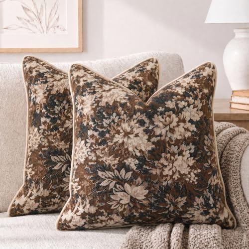 CROWNED BEAUTY Farmhouse Floral Throw Pillow Covers, 26x26, Brown, Set of 2 by CrownedBeauty